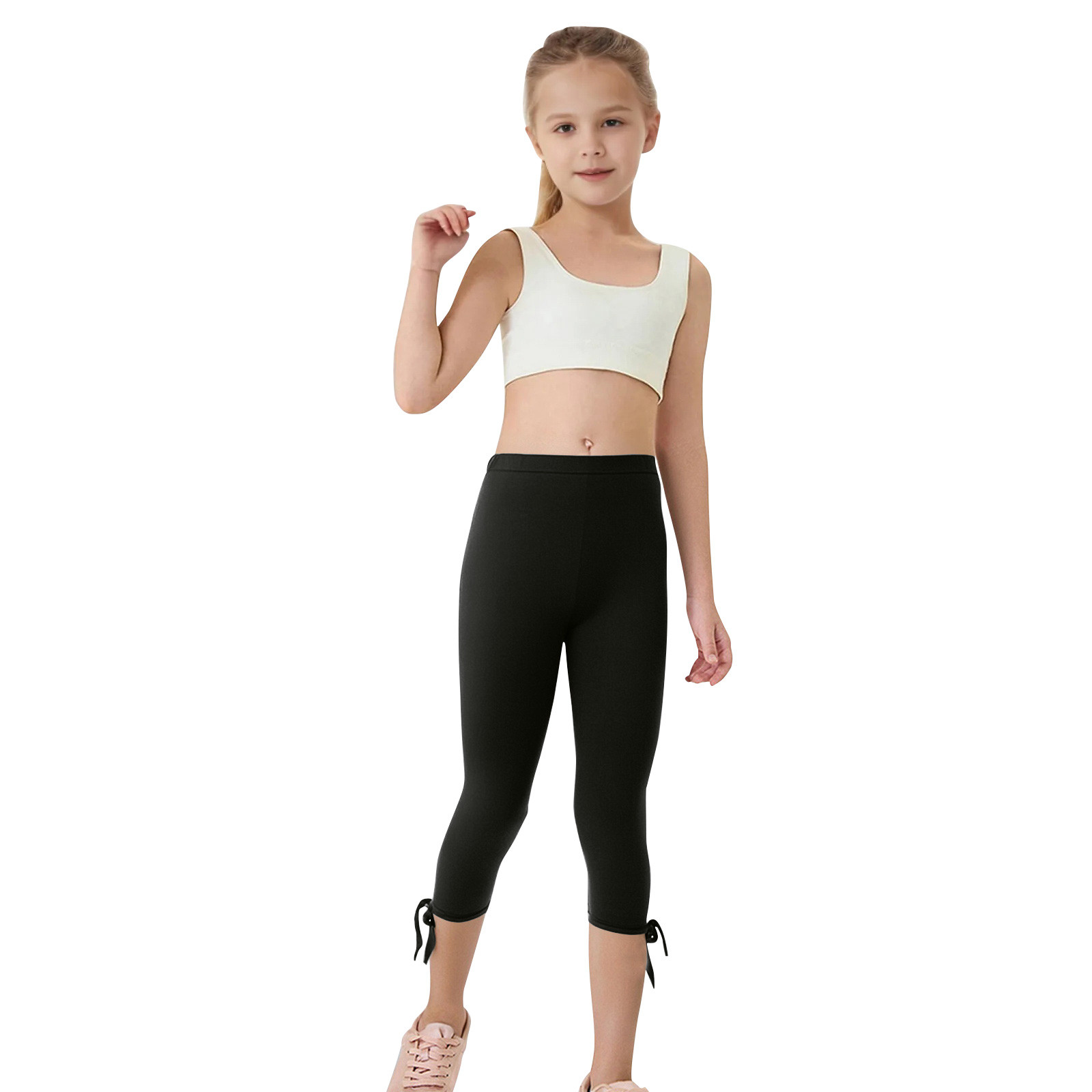 Cethrio Girls Capri Leggings, Elastic Waist Dance Stretch Athletic Summer Pants Black Size 2-13 T